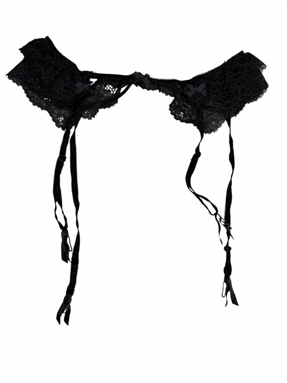 Victoria’s Secret black & pink nylon lace & bow ruffle garter belt size M/L